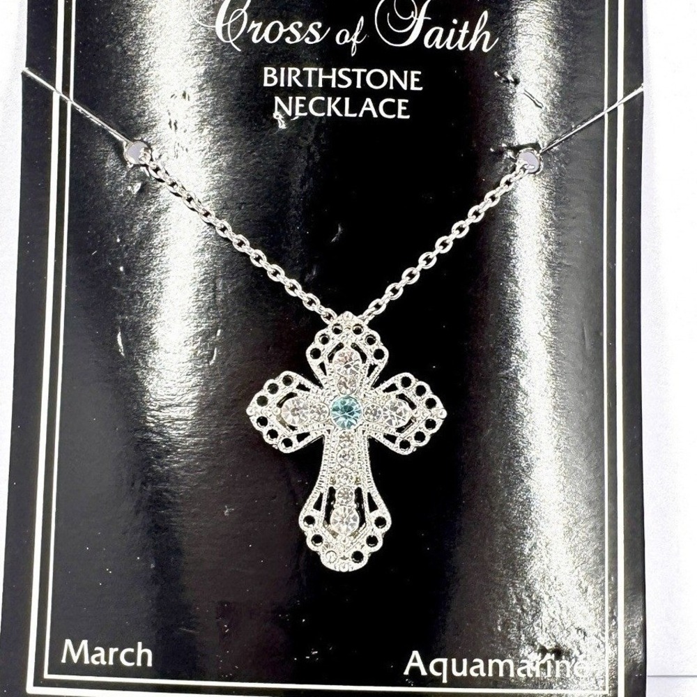 Ganz‎ Cross of Faith March Aquamarine Birthstone Cross Necklace New Carded